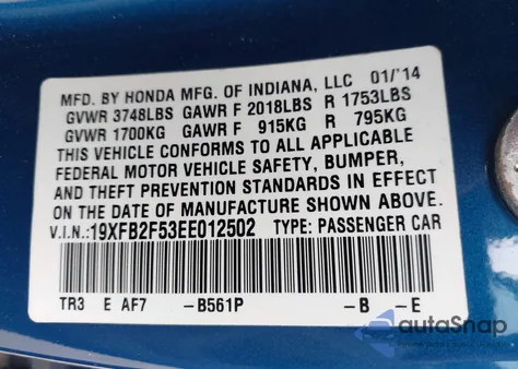 2014 Honda Civic Lx from USA, damaged, VIN 19XFB2F53EE012502